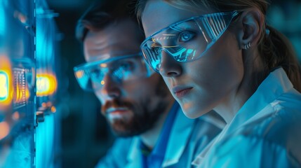 Focused scientists collaborating in a lab, showcasing innovation and teamwork under blue lighting.