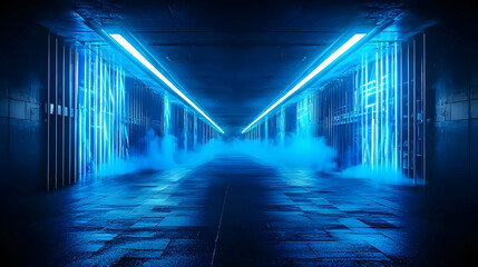 Dark Futuristic Tunnel With Glowing Blue Neon Lights And Atmospheric Smoke In Cyberpunk Style 3D Rendered Illustration