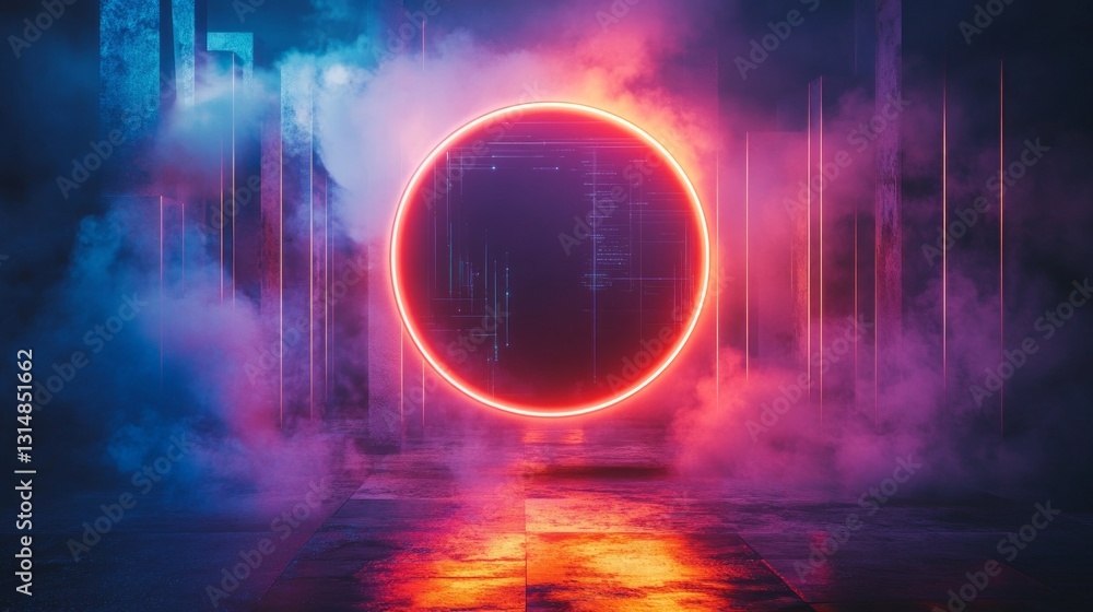 Aufkleber a glowing circular portal emits intense red and blue lights, surrounded by ethereal mist and futuris