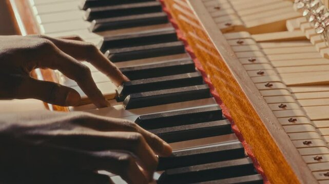 Hands of unrecognizable African American musician playing vintage upright piano with open inner mechanics during live performance. Close-up, tilt-down