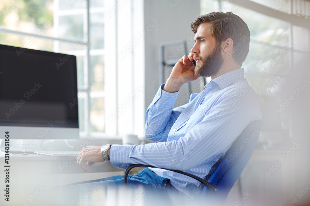 Aufkleber Man, architect and phone call in office, talking and online for negotiation on development. Property, architecture and speak with business client in workplace, project and computer with mockup screen