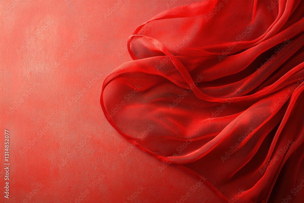 Poster elegant red chiffon fabric draped on textured coral background creating a soft and romantic visual m