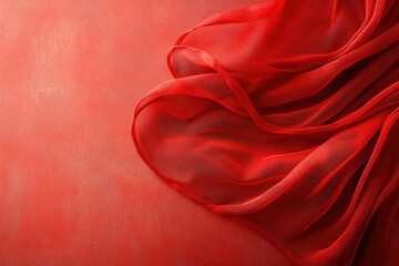 Obraz premium Elegant red chiffon fabric draped on textured coral background creating a soft and romantic visual mood perfect for design projects