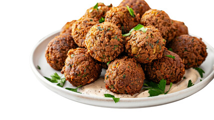 Delicious falafel balls with tahini sauce on white plate with transparent background