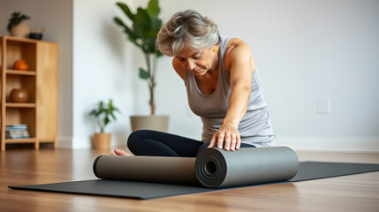 senior woman rolling yoga mat at home, preparing for exercise session