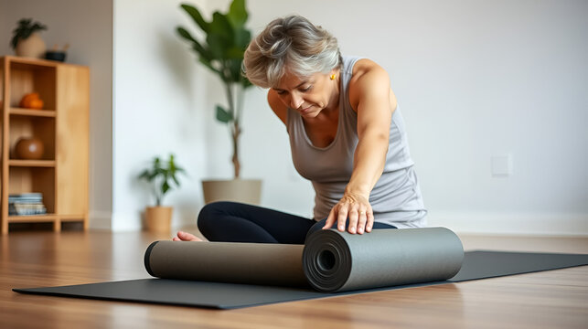senior woman rolling yoga mat at home, preparing for exercise session