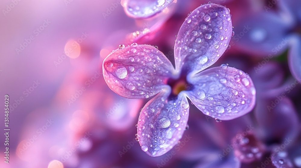 Poster delicate lilac flowers bask in the soft morning light, each petal shimmering with a cascade of dew d