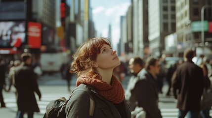 A woman stands in place at a busy intersection with her head up. People are walking by. The photo was taken with a shutter speed, the woman is in focus, the people around are blurred. Still shot films