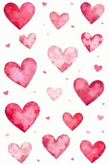 Delicate watercolor hearts arranged in a beautiful seamless pattern on a pure white backdrop, hearts, artistry, texture