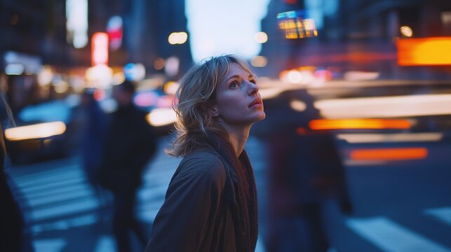 A woman stands in place at a busy intersection with her head up. People are walking by. The photo was taken with a shutter speed, the woman is in focus, the people around are blurred. Still shot films