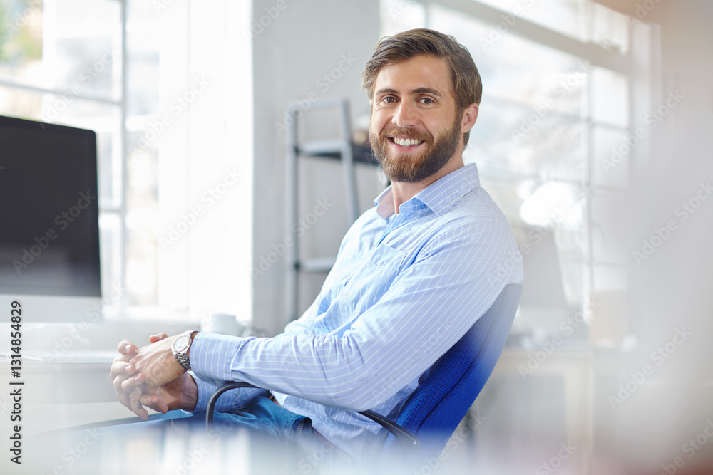 Aufkleber portrait, businessman and web designer with smile in office, software update and professional. caree