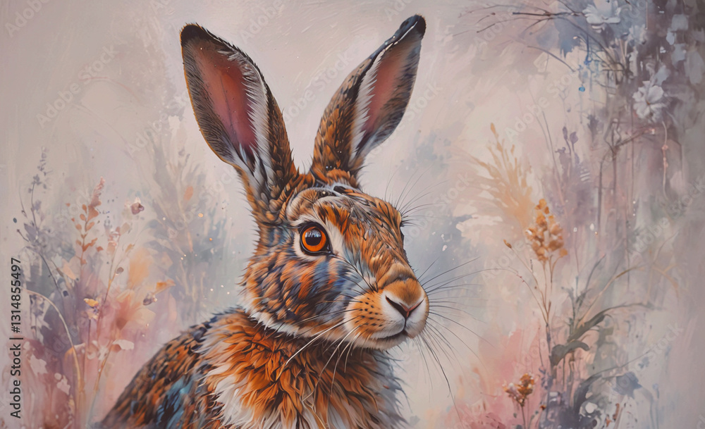 Poster painting of a rabbit with brown ears and a brown face. the rabbit is looking at the camera
