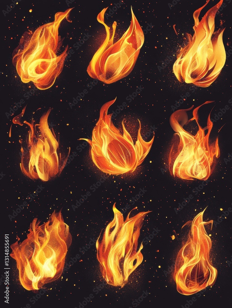 Poster nine fiery flames dancing against a dark backdrop creating a captivating display of vibrant energy a