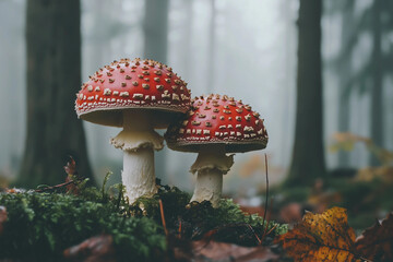 Bright Red Fly Agaric Mushrooms in Sunlit Forest Scene Created with Generative AI