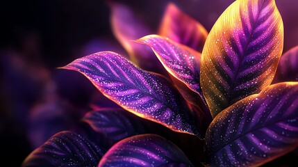 Vibrant Purple and Gold Leaves with Water Droplets Close-up Image