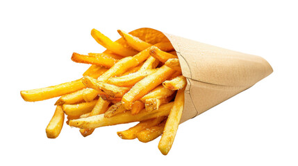 French fries spilling from brown paper cone on transparent background