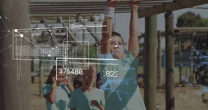 Image of data processing and connections over caucasian children exercising at obstacle course