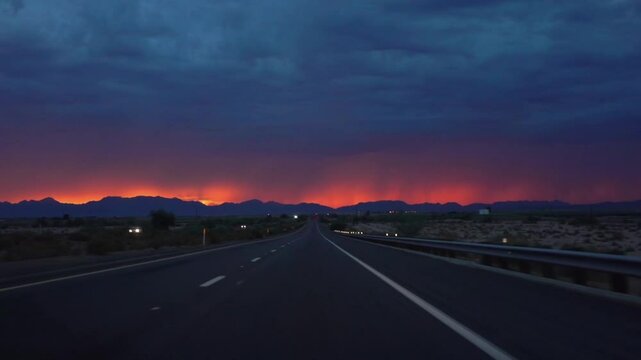 Driving on a road to Yuma, Arizona with a vibrant sunset in slow motion 120fps