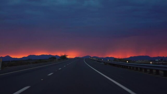 Driving on a road to Yuma, Arizona with a vibrant sunset in slow motion 120fps