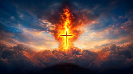 Fototapeta premium Silhouetted Cross Burning Bright in Warm Clouds During Sunset Symbolizes Faith Hope and Divine Power