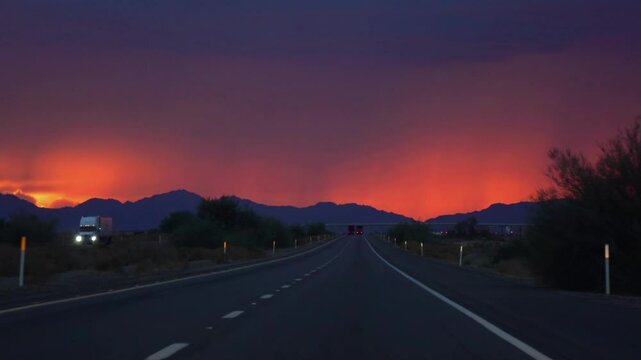 Driving on a road to Yuma, Arizona with a vibrant sunset in slow motion 120fps