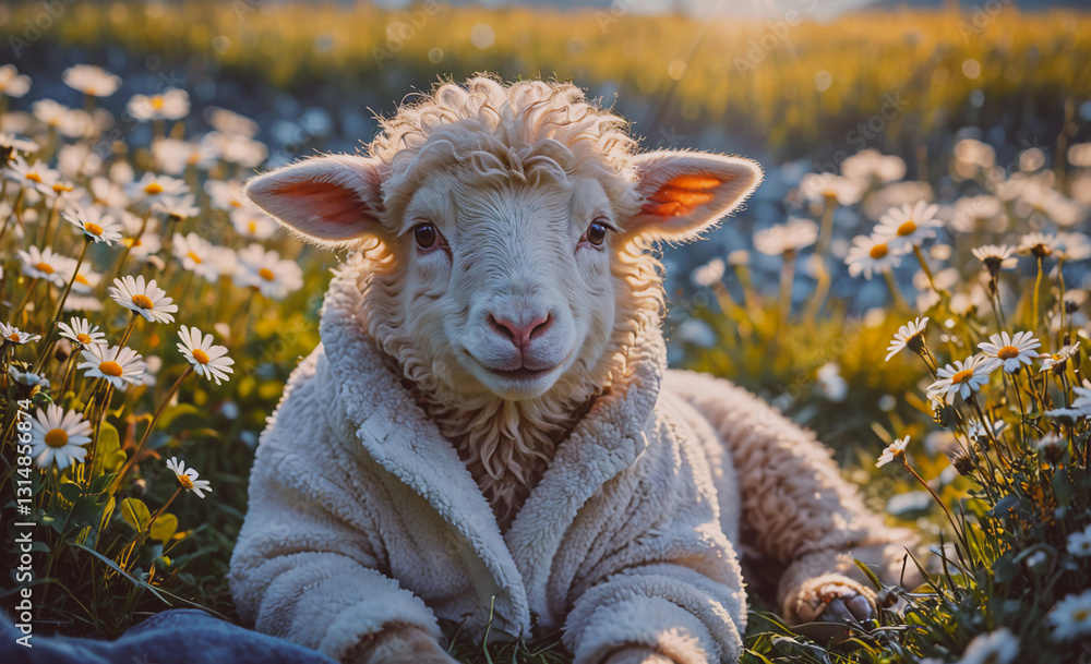Poster Sheep is laying in a field of flowers and wearing a white jacket. The sheep is smiling and he is enjoying the sunny day