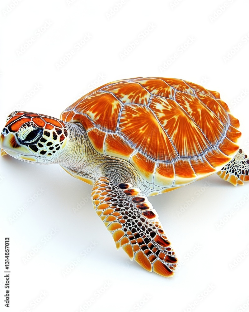 Poster captivating sea turtle portrait on white backdrop showcasing intricate shell patterns and vibrant co