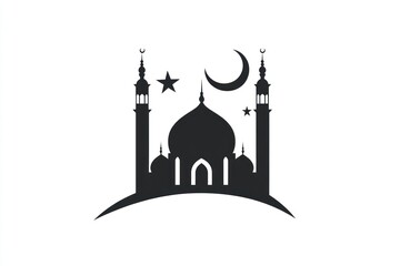Night Mosque Silhouette, Star, Crescent Moon. Islamic religious greeting card design