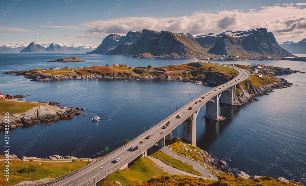 Poster bridge spans a body of water with a view of mountains in the background. the bridge is busy with car