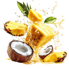 A Burst of Pineapple Coconut and Mango with Milk Splash Isolated on Transparent Background