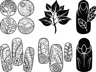 Nature-Inspired Nail Art Designs: Black and White Vector Illustrations of Trees, Leaves, Flowers, and Landscapes for Manicures & Beauty.