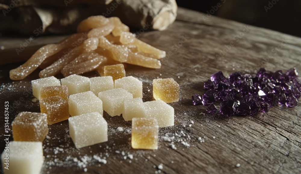 Poster natural candies and sugar confections displayed on rustic wooden surface for culinary and sweet trea
