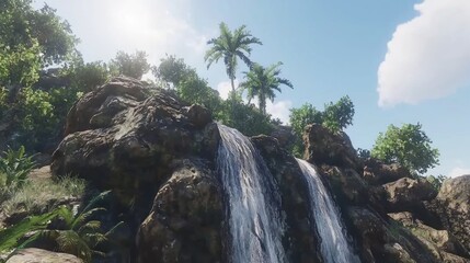 Tropical Waterfall Cascades Over Rocks in Lush Landscape
