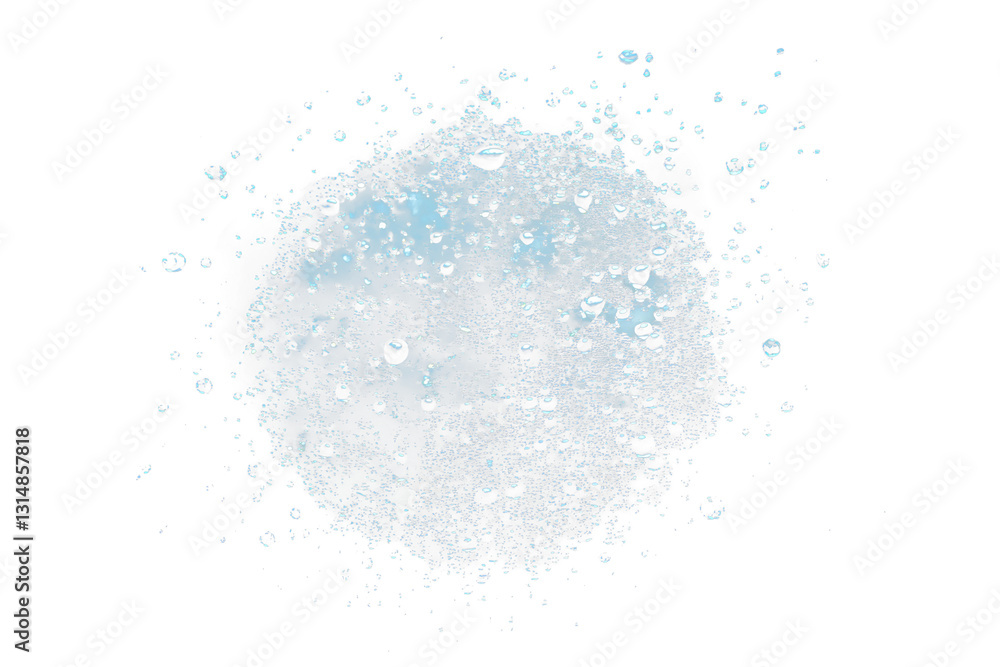 Poster water droplets exploding, forming a sphere.