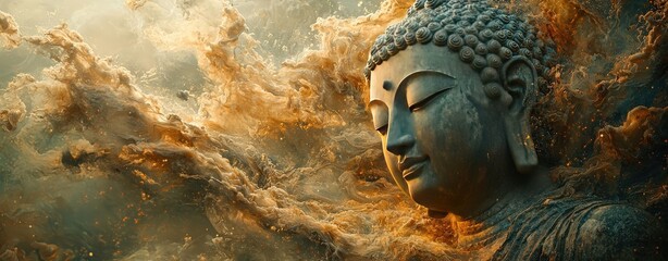 Serene Buddha Amidst Golden Clouds A Digital Art Masterpiece