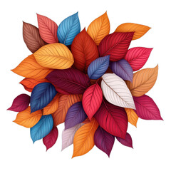 Fototapeta premium Colorful autumn leaves arrangement, vibrant hues of red, orange, and purple, perfect for seasonal decor or inspiration. Isolated on white background or PNG