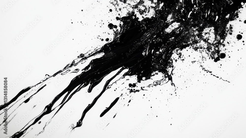 Poster ink is splattered energetically across a white surface, forming intricate patterns and lines that ev
