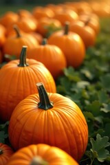 Obraz premium Golden Hour Pumpkin Patch Abundance A Vibrant Row of Ripe Autumn Gourds Basking in Warm Sunlight