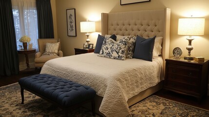 Luxurious Beige and Blue Master Bedroom Design