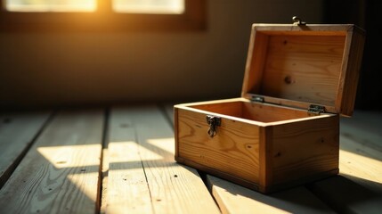 Fototapeta premium A sunlit wooden chest sits open on a rustic wooden floor, inviting exploration and the promise of hidden treasures