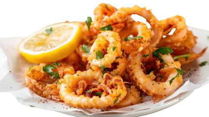 Fried calamari rings decorated with parsley and lemon slice on transparent background