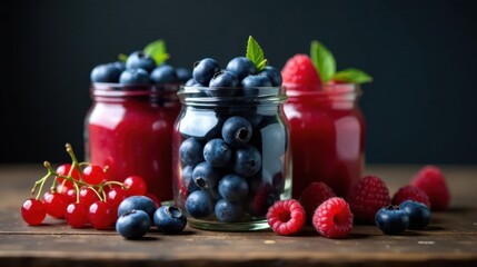 Delicious berry smoothies in glass jars, fresh raspberries, blueberries, and red currants on rustic wooden surface