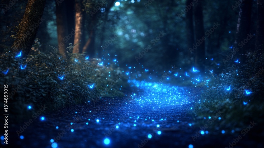 Poster a serene forest trail shimmers with vibrant blue lights emanating from countless butterflies. the at