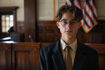 Fototapeta premium Generative AI depiction of a child in a courtroom setting during a legal hearing proceeding