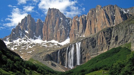 Alpine peaks, cascading waterfalls, lush valley, dramatic mountain scenery