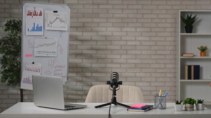 A cozy podcast studio with creative visuals