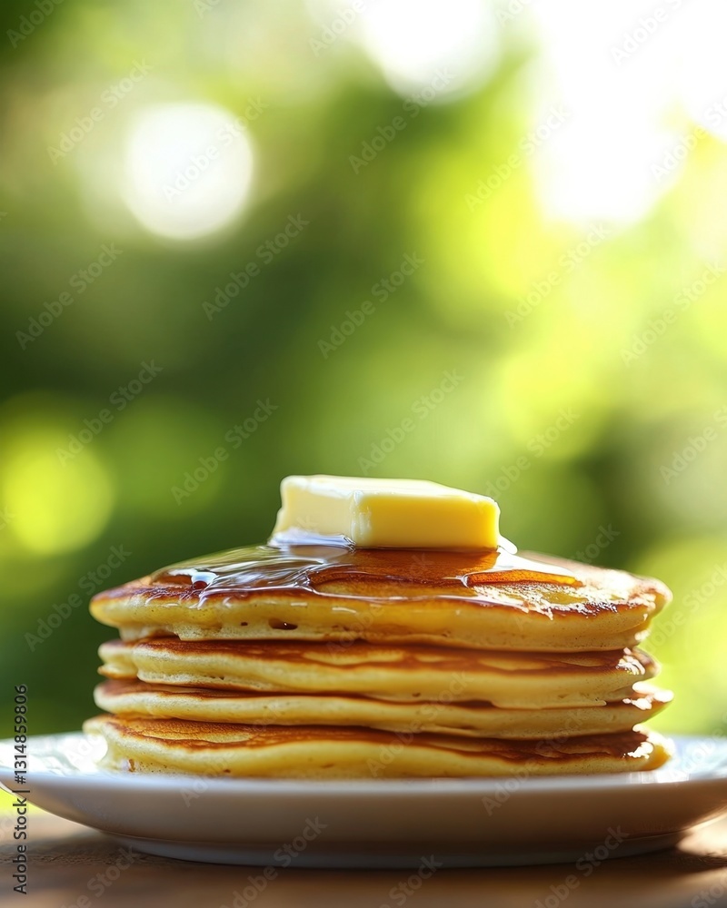 Poster stack of golden pancakes with melting butter and syrup against a blurred green background capturing 