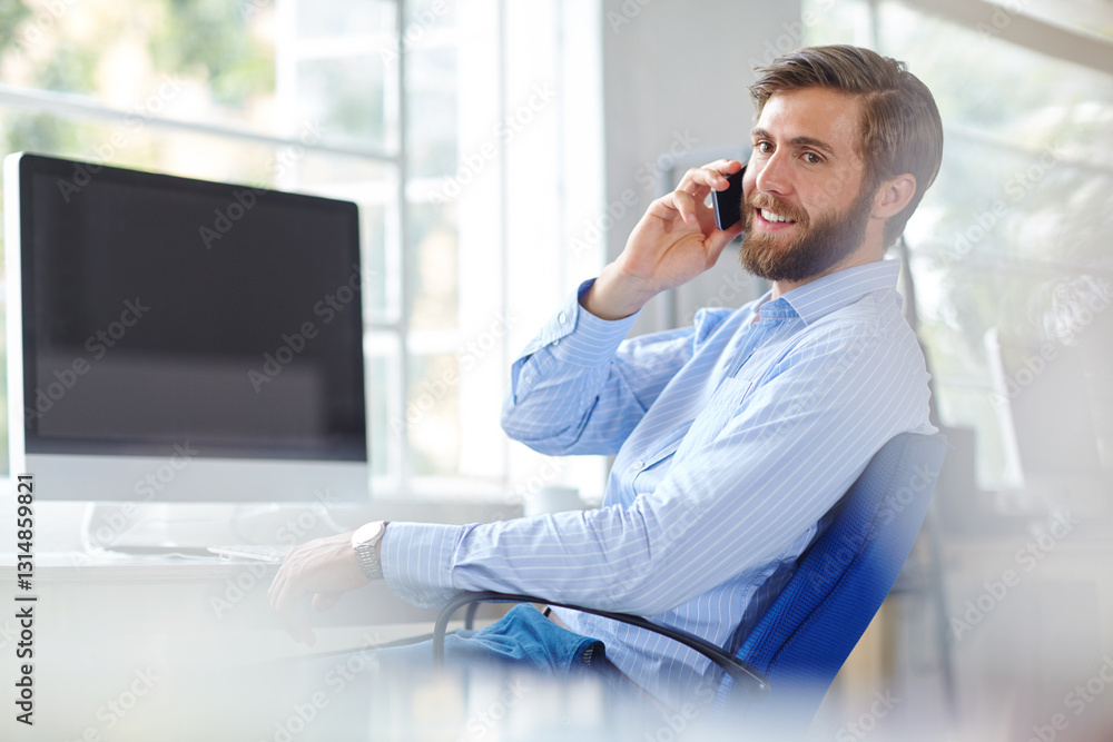 Poster Man, architect and phone call in office, worker and online for negotiation on design. Property, development and speaking with business client in workplace, project and computer for mockup screen