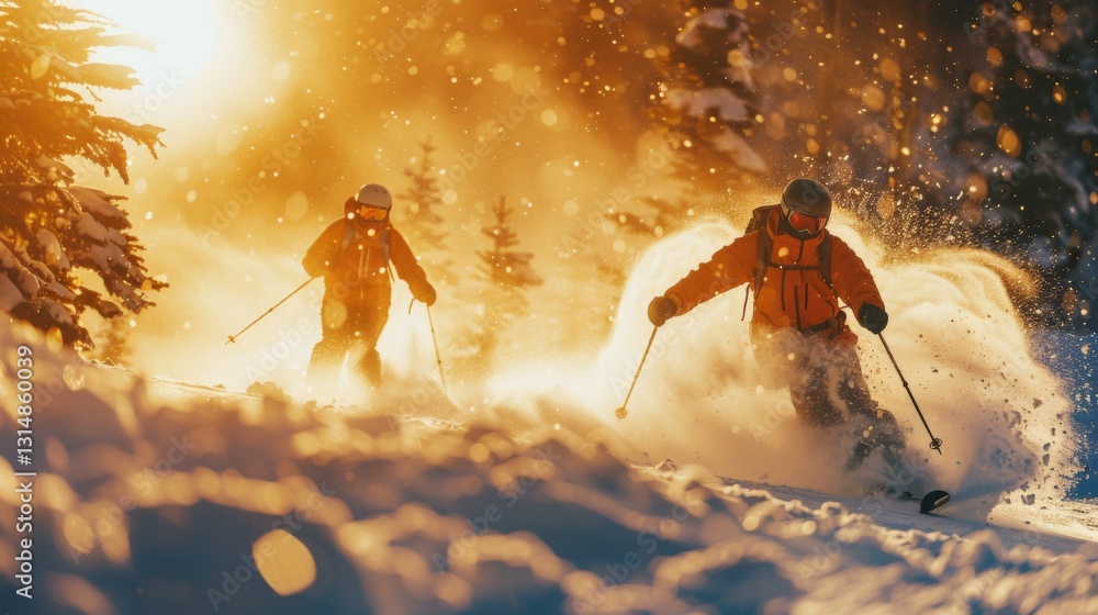 Poster two skiers descend a snowy slope, kicking up powder snow against a glowing sunset backdrop. tall tre