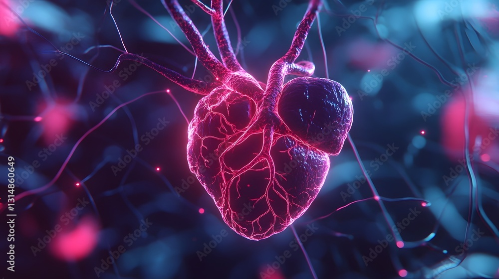 Poster glowing heart pumping through intricate circulatory system visualization